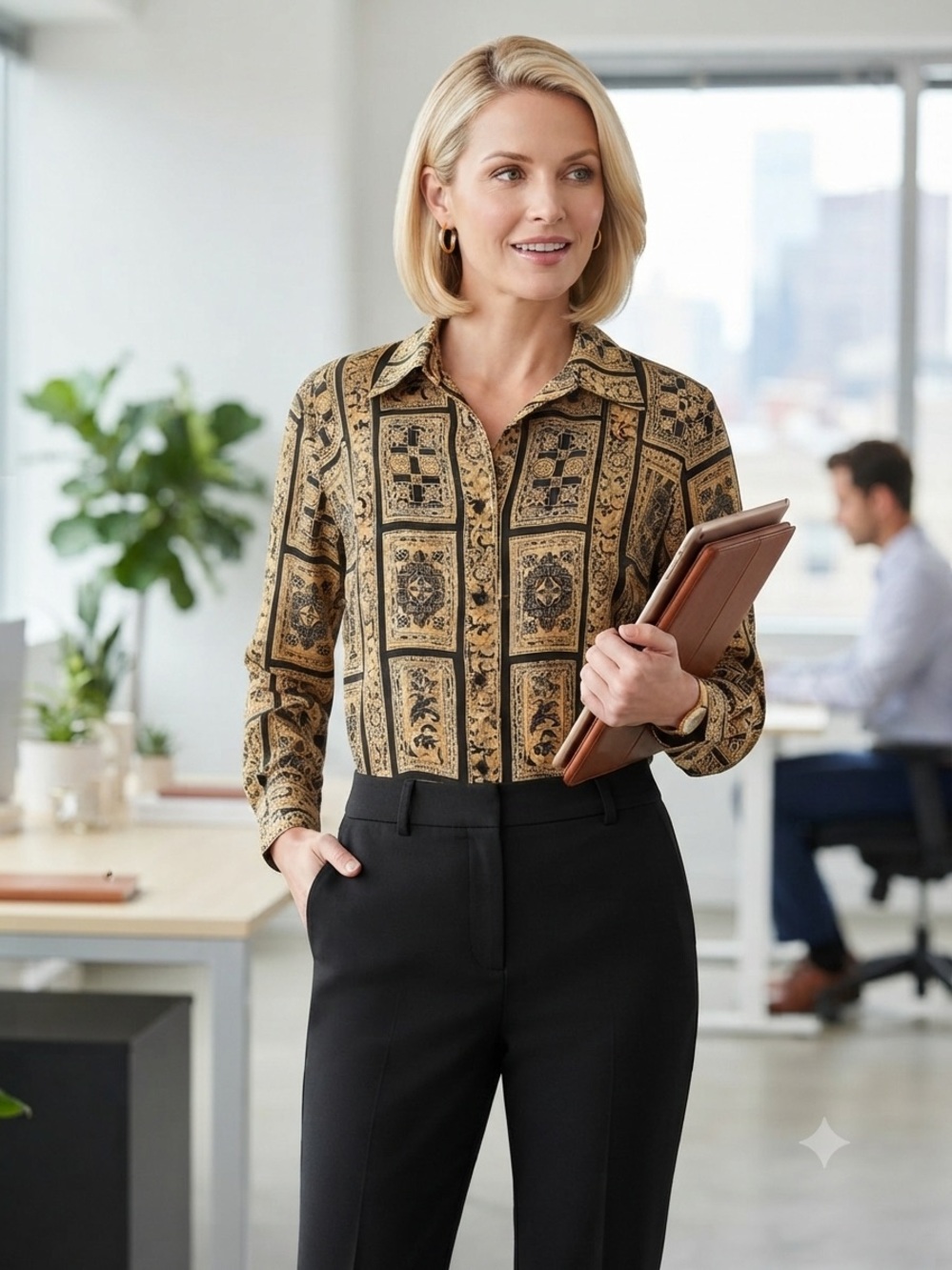 VINTAGE Susan Hutton Black & Gold Printed Button-Down Silky Top